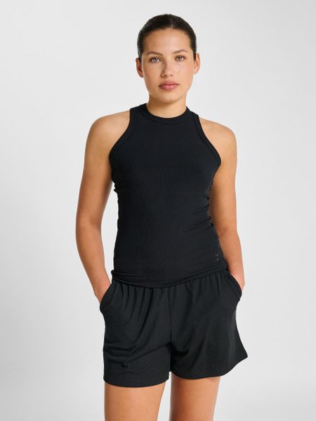 Damski prążkowany tank top Hummel Pulse. Czarne topy Hummel, m, bez wzorów, z materiału, klasyczne, bez kołnierzyka, bez ramiączek. Za 133,80 zł.