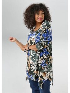 Aniston Bluzka w kolorze antracytowo-beżowo-niebieskim rozmiar: 50. Czarne bluzki Aniston, bez wzorów, z asymetrycznym kołnierzem, bez ramiączek. Za 56,53 zł.