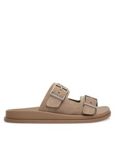 Calvin Klein Klapki City Sandal Buckle Suede HW0HW03130 Beżowy. Brązowe klapki Calvin Klein, bez wzorów, ze skóry, bez obcasa. Za 423,99 zł.