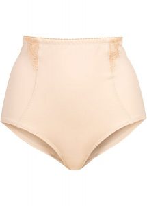 "Figi ""panty"" shape, silny stopień modelowania sylwetki". Brązowe figi bonprix, bez wzorów, z koronki. Za 72,99 zł.