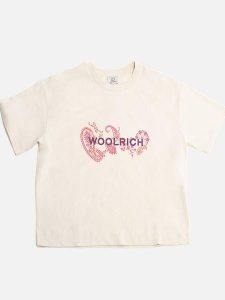 Woolrich Koszulka "Graphic" w kolorze kremowym rozmiar: XS. Brązowe bluzki Woolrich, xs, bez wzorów, z bawełny, bez kołnierzyka, bez ramiączek. Za 96,83 zł.