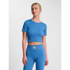 Damska koszulka bezszwowa Hummel Pulse. Niebieskie bluzki Hummel, bez wzorów, sportowe, bez kołnierzyka, bez ramiączek. Za 153,50 zł.