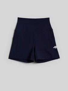 4F Legginsy krótkie tenisowe damskie - granatowe S. Niebieskie legginsy 4f, bez wzorów, z włókna, z podwyższonym stanem, krótkie. Za 79,99 zł.