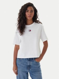 Tommy Jeans T-Shirt Badge DW0DW22202 Écru Boxy Fit. T-shirty Tommy Jeans, xl, bez wzorów, z bawełny, bez kołnierzyka, bez ramiączek. Za 169,99 zł.