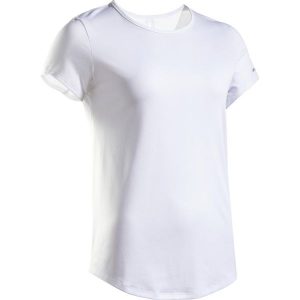 Koszulka tenisowa z okrągłym dekoltem damska Artengo Dry Essential 100. Białe bluzki ARTENGO, l, bez wzorów, z materiału, eleganckie, bez kołnierzyka, bez ramiączek. Za 39,99 zł.