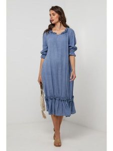 Lin Passion Lniana sukienka w kolorze niebieskim rozmiar: 38/40. Niebieskie sukienki Lin Passion, bez wzorów, ze lnu, klasyczne, bez kołnierzyka, bez ramiączek, midi. Za 173,99 zł.