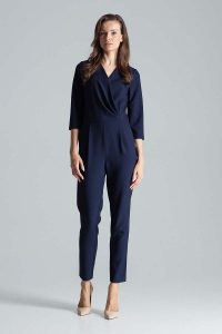 Kombinezon z Kopertowym Dekoltem - Granatowy. Niebieskie kombinezony Figl, l, bez wzorów, z materiału, eleganckie, bez kołnierzyka, bez ramiączek. Za 309,00 zł.