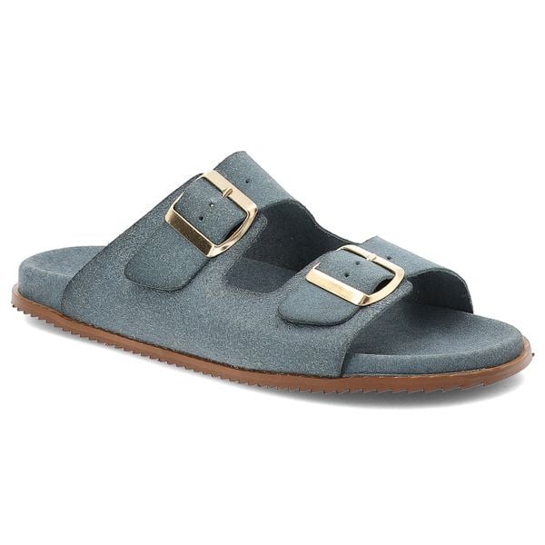 Klapki damskie HEE, ze skóry naturalnej na platformie klasyczne z klamrami, jeansowe, 25050. Niebieskie klapki Hee, bez wzorów, z jeansu, bez obcasa, na platformie. Za 278,90 zł.