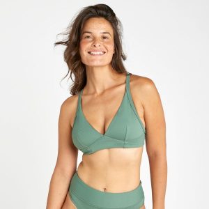 Góra kostiumu kąpielowego surfingowego damska Olaian Bea. Zielone bikini OLAIAN, bez wzorów, z materiału. Za 99,99 zł.