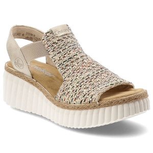 Sandały damskie Rieker, cholewka z materiału tekstylnego pleciona struktura zabudowany przód odkryte palce, beżowe, 69172-60. Brązowe sandały Rieker, bez wzorów, bez obcasa, na koturnie, bez zapięcia. Za 329,00 zł.