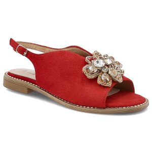 Czerwone Sandały S.Barski Eleganckie Obuwie Damskie Z Modną Broszką. Czerwone sandały S.BARSKI, z aplikacjami, bez obcasa, bez zapięcia. Za 169,00 zł.