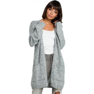 Melanżowy sweter z kieszeniami i bez zapięcia beżowy. Brązowe długie swetry Polskie swetry, na zimę, s, z dzianiny, bez kołnierzyka. Za 289,00 zł.