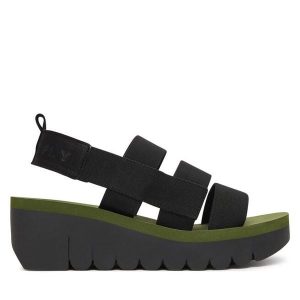 Sandały Fly London. Czarne sandały Fly London, bez wzorów, bez obcasa, na koturnie, bez zapięcia. Za 463,99 zł.