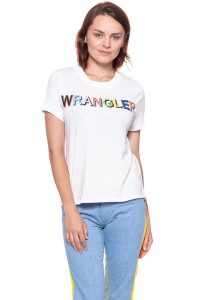 WRANGLER T SHIRT DAMSKI T-SHIRTS 80´S TEE WHITE W7010EV12 112130877. Białe t-shirty Wrangler, m, bez wzorów, bez kołnierzyka, bez ramiączek. W wyprzedaży za 39,99 zł.