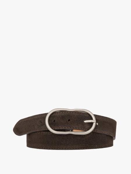 Welurowy pasek damski ze srebrną klamrą. Brązowe paski Ryłko, bez wzorów, ze skóry. Za 129,99 zł.