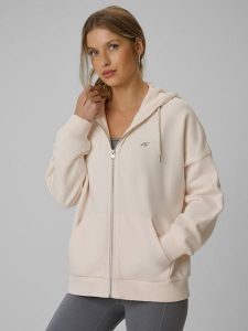 4F Bluza dresowa loose z kapturem damska - kremowa M. Brązowe bluzy 4f, m, bez wzorów, z dresówki, z kapturem. Za 159,99 zł.