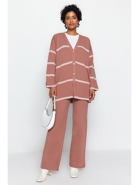 Trendyol 2-częściowy zestaw w kolorze szaroróżowym rozmiar: S. Różowe kardigany Trendyol, prążkowane. Za 113,63 zł.