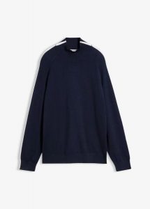 Cienki sweter z kontrastowymi detalami, z mieszanki wiskozy. Niebieskie swetry klasyczne bonprix, z wiskozy, bez kołnierzyka. Za 109,99 zł.