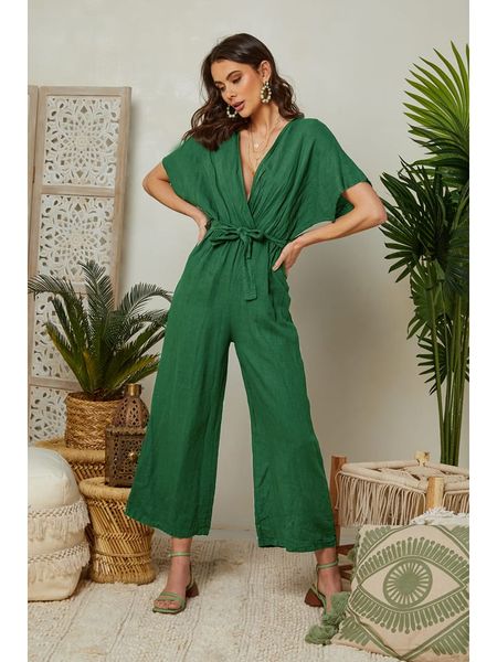 Lin Passion Lniany kombinezon w kolorze zielonym rozmiar: 36/38. Zielone kombinezony Lin Passion, bez wzorów, ze lnu, klasyczne, bez kołnierzyka, bez ramiączek. Za 123,25 zł.