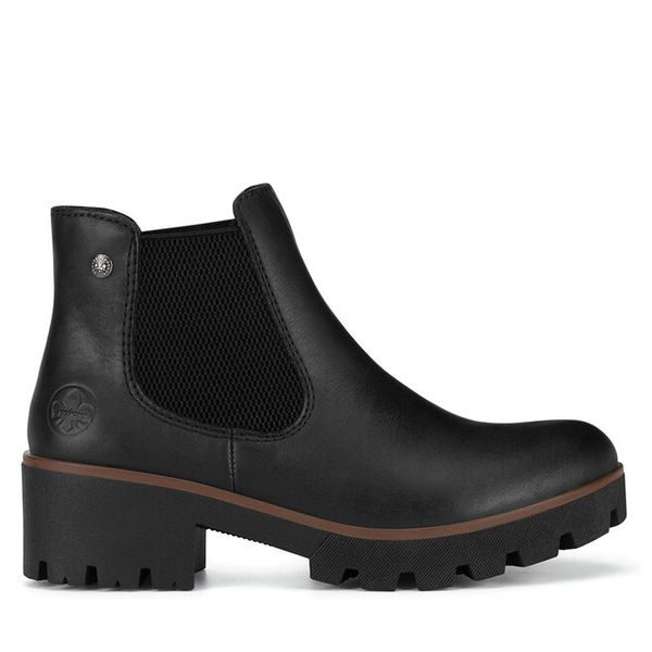 Botki Rieker. Czarne botki Rieker, bez wzorów, bez obcasa, na słupku, bez zapięcia. Za 303,00 zł.