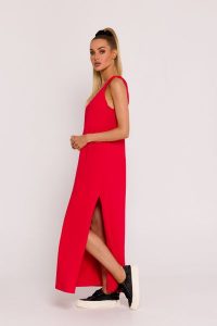 Czerwona Sukienka Maxi bez Rękawów z Dekoltem na Plecach. Czerwone sukienki MOE, l, bez wzorów, z bawełny, bez kołnierzyka, bez ramiączek, maxi. Za 331,90 zł.