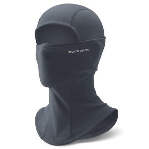 Czapka z daszkiem na zewnątrz, wiatroszczelna, kominiarka, osłona na szyję. Szare czapki ROCKBROS, bez wzorów, z elastanu, sportowe. Za 63,60 zł.