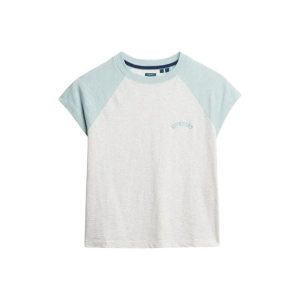 T-shirt z bawełny organicznej z rękawami raglanowymi i logo dla kobiet Superdry. Niebieskie t-shirty Superdry, bez wzorów, z bawełny, bez kołnierzyka, bez ramiączek. Za 110,70 zł.