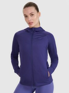 4F Bluza treningowa regular szybkoschnąca damska - granatowa L. Niebieskie bluzy 4f, l, bez wzorów, z dzianiny, z kapturem. W wyprzedaży za 169,99 zł.