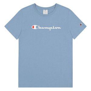 T-shirt Damski Markowy Rękaw. Niebieskie t-shirty Champion, bez wzorów, bez kołnierzyka, bez ramiączek. Za 130,99 zł.