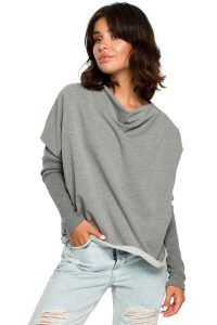 Szara Oversizowa Bluza z Dekoltem Typu Woda. Szare bluzy MOE, l, bez wzorów, z bawełny, bez kaptura. Za 209,90 zł.