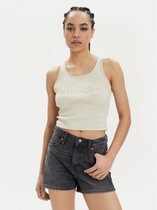 Wrangler Top Logo 112350281 Beżowy Slim Fit. Brązowe topy Wrangler, s, bez wzorów, z bawełny, bez kołnierzyka, bez ramiączek. Za 89,99 zł.