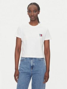 Tommy Jeans T-Shirt DW0DW21423 Biały Regular Fit. Białe t-shirty Tommy Jeans, xxs, bez wzorów, z bawełny, bez kołnierzyka, bez ramiączek. Za 119,99 zł.