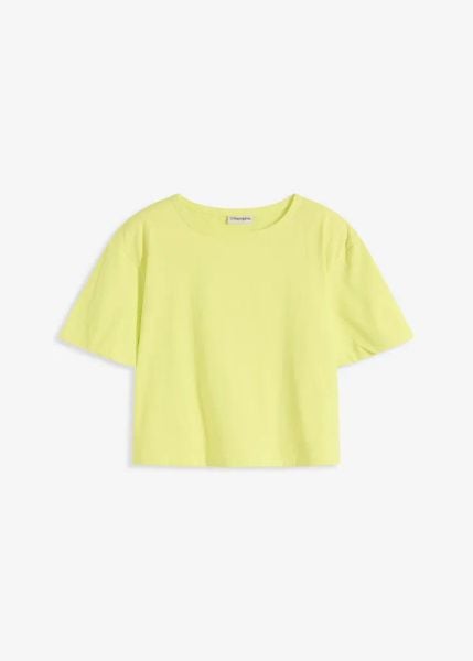 T-shirt oversize z czystej bawełny organicznej. Żółte t-shirty bonprix, bez wzorów, z bawełny, bez kołnierzyka, bez ramiączek. Za 19,99 zł.