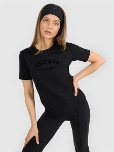 4F T-shirt regular z nadrukiem damski - czarny XXL. Czarne t-shirty 4f, l, bez wzorów, z bawełny, bez kołnierzyka, bez ramiączek. Za 59,99 zł.