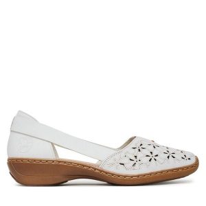 Półbuty Rieker. Białe półbuty Rieker, bez wzorów, bez obcasa, na płaskiej podeszwie, bez zapięcia. Za 179,99 zł.