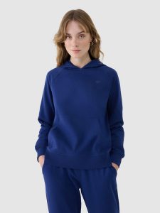 4F Bluza dresowa nierozpinana z kapturem damska - granatowa M. Niebieskie bluzy 4f, m, bez wzorów, z bawełny, z kapturem. W wyprzedaży za 99,99 zł.