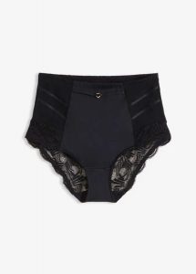 Figi shape z koronką o średnim stopniu modelowania. Czarne figi bonprix, bez wzorów, z koronki. Za 77,99 zł.