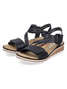 Rieker Sandały w kolorze czarnym rozmiar: 39. Czarne sandały Rieker, bez wzorów, z otwartym noskiem, bez obcasa, na koturnie, bez zapięcia. Za 163,64 zł.