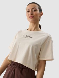 4F T-shirt crop top z nadrukiem damski - kremowy XS. Brązowe t-shirty 4f, xs, bez wzorów, z bawełny, bez kołnierzyka, bez ramiączek. W wyprzedaży za 39,99 zł.