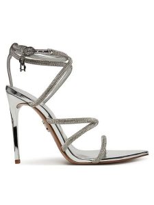 Steve Madden Sandały Sky High SM11003639 Srebrny. Szare sandały Steve Madden, bez wzorów, z materiału, bez obcasa, na szpilce, bez zapięcia. Za 429,99 zł.