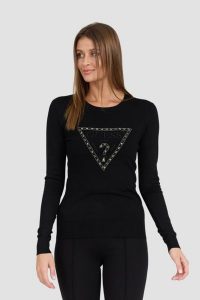 GUESS Czarny damski sweter Rylie Triangle Logo. Czarne swetry klasyczne Guess, s, z elastanu, bez kołnierzyka. W wyprzedaży za 322,99 zł.