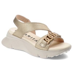 Złote Sandały Hispanitas Eleganckie Buty Damskie. Żółte sandały Hispanitas, z aplikacjami, bez obcasa, bez zapięcia. Za 429,00 zł.