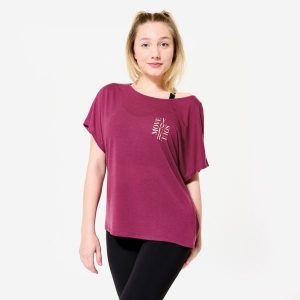 Koszulka z krótkim rękawem do tańca nowoczesnego damska Starever. Fioletowe bluzki DOMYOS, xl, bez wzorów, z lyocellu, eleganckie, bez kołnierzyka, bez ramiączek. Za 64,99 zł.