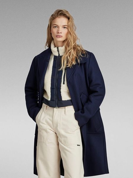 G-Star Wełniany płaszcz w kolorze granatowym rozmiar: M. Niebieskie płaszcze G-Star, m, bez wzorów, z wełny, bez kaptura. Za 635,42 zł.