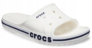 Klapki Dla Dorosłych Crocs Bayaband Slide. Białe klapki Crocs, bez wzorów, z materiału, bez obcasa. Za 119,99 zł.