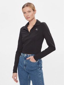 Calvin Klein Jeans Bluzka Polo Collar Milano Regular Top J20J222556 Czarny Regular Fit. Czarne bluzki Calvin Klein Jeans, m, bez wzorów, z jeansu, bez kołnierzyka, bez ramiączek. Za 219,99 zł.