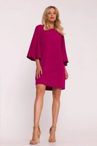 Elegancka sukienka trapezowa z bufiastymi rękawami fiolet. Sukienki Stylove, xl, bez wzorów, eleganckie, bez kołnierzyka, bez ramiączek, trapezowe. Za 329,00 zł.