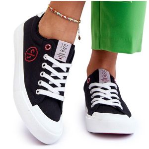 Damskie Materiałowe Tenisówki Cross Jeans LL2R4044 Czarne. Czarne trampki bez wzorów, z gumy, bez zapięcia. Za 170,48 zł.