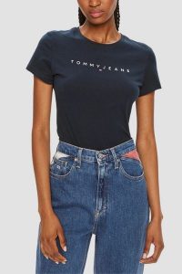 TOMMY JEANS Granatowy damski t-shirt. Niebieskie t-shirty Tommy Jeans, s, bez wzorów, z jeansu, bez kołnierzyka, bez ramiączek. W wyprzedaży za 125,99 zł.