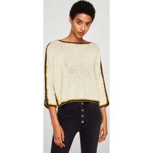 Mango - Sweter Bali. Szare swetry klasyczne marki Mango, w ażurowe wzory, z bawełny, z krótkim rękawem. W wyprzedaży za 79,90 zł.